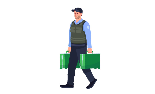 穿防弹背心的男性警察守卫安保押韵换钞人员穿制服的男人携带现金箱子漫画人物矢量图