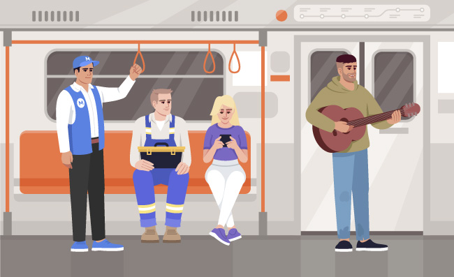 地铁矢量图乘坐公共交通工具的人轻轨地铁上卖艺弹吉他的人