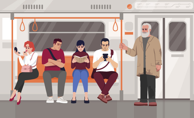 地铁矢量图乘坐公共交通工具无人让座给老人的矢量插图