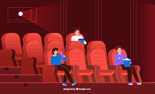 电影院保持安全社会距离疏远不聚集分散座位矢量观众插图
