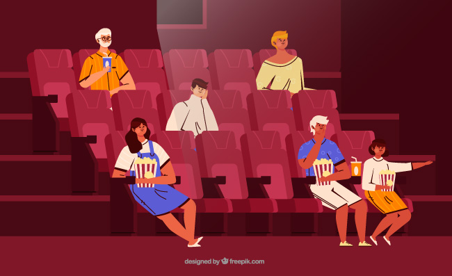 电影院内部场景矢量座椅保持安全社交距离素材插图