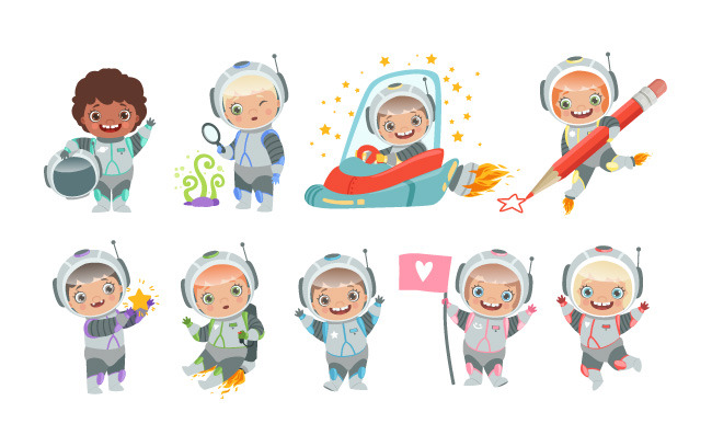 儿童太空宇航员服装孩子们有趣的矢量火箭太空飞船插图