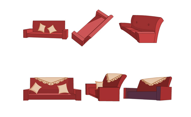 多视角的红色沙发动画道具素材
