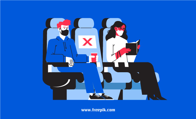 飞机乘客之间安全社会距离乘坐佩戴口罩免费矢量