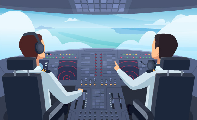 飞机驾驶舱飞行员矢量卡通机长飞行飞机内部驾驶室卡通插图