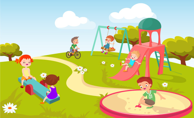公园里玩耍的愉快的孩子们男孩和女孩可爱儿童矢量插图