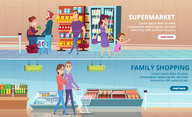 购物横幅人们超市购物付款矢量购物中心室内插图超市内部场景