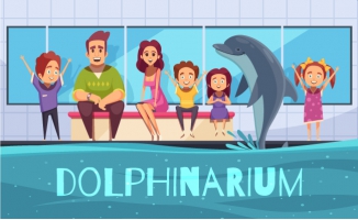 观看海豚表演的家庭人物