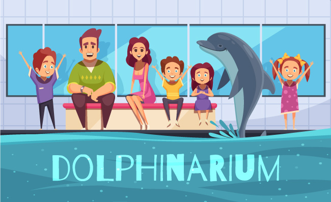 观看海豚表演的家庭人物海豚跳出水池漫画插图矢量