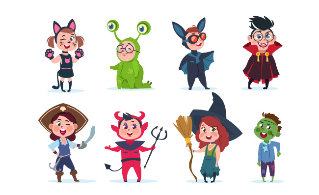 孩子们期盼的万圣节服装角色扮演卡通可爱的儿童女巫怪物海盗吸血鬼矢量人物集