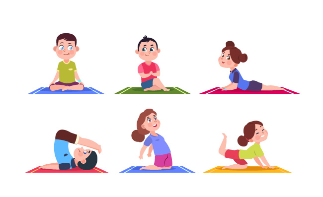 孩子做瑜伽体育运动的女孩和男孩健身房矢量儿童瑜伽静坐等不同动作矢量姿势