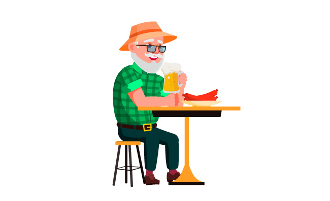 喝啤酒的老年人矢量老人资深人士养老金退休人员卡通插图