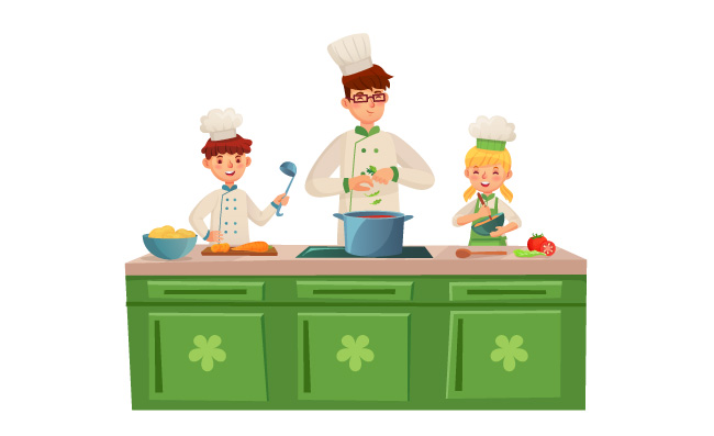 烘烤烹饪食物的儿童孩子们一起做饭餐馆厨师烹饪美食大餐矢量图