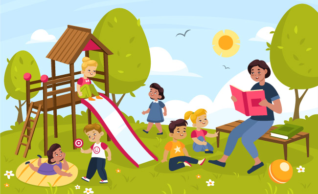 户外学龄前儿童和可爱的老师在公园操场阅读玩耍球类游戏矢量平面卡通插图