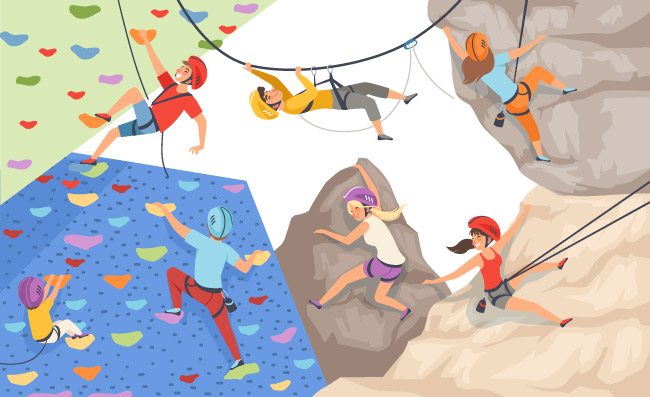 极限运动悬崖壁岩山脉探索男性女性矢量运动员
