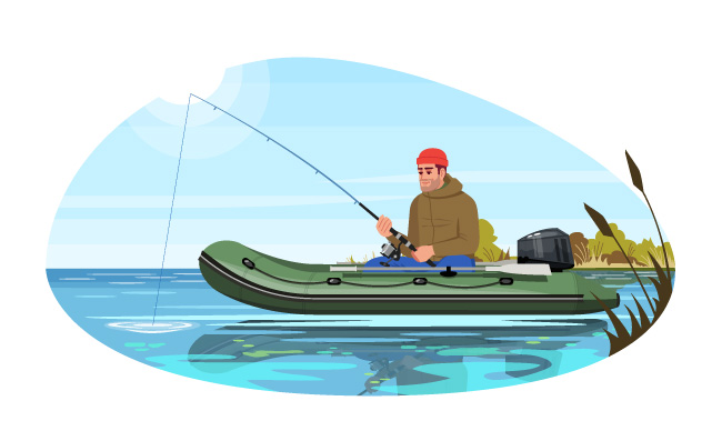 江上渔夫坐在船上诱鱼钓鱼卡通人物矢量插图
