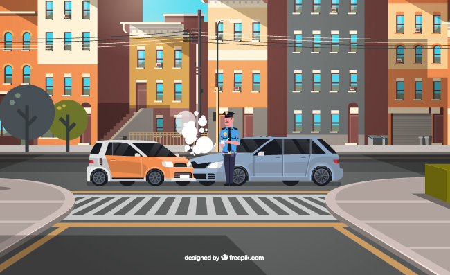 街道处理事故的交警城市插图矢量