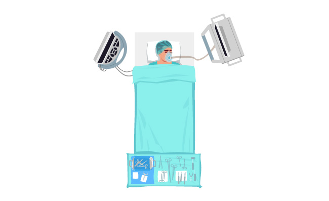 紧急医疗手术躺在手术台上的病人漫画人物顶视图
