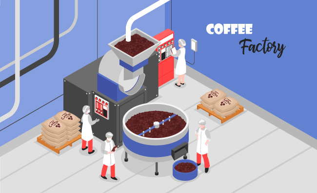 咖啡生产加工专用机械工厂工人生产等距矢量