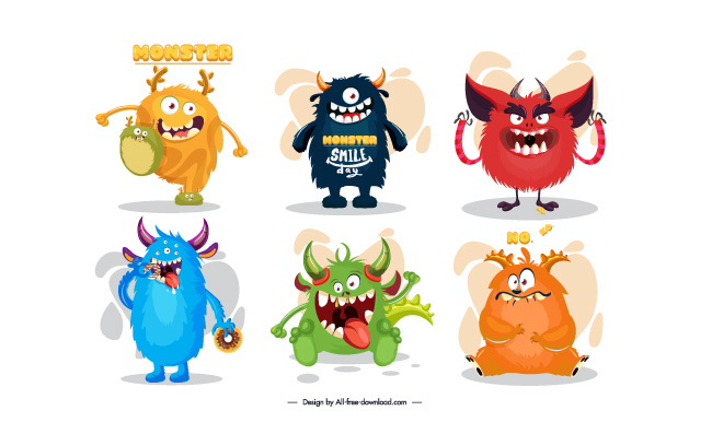 卡通创意超可爱怪物小怪兽形象矢量插图