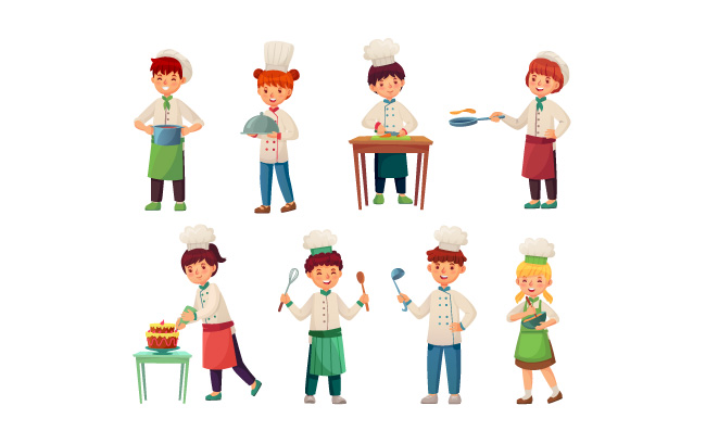 卡通儿童厨师小厨师长食物准备烹饪特色矢量图