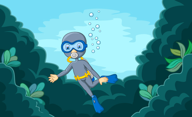 卡通男孩在深海中潜水潜水员人物矢量