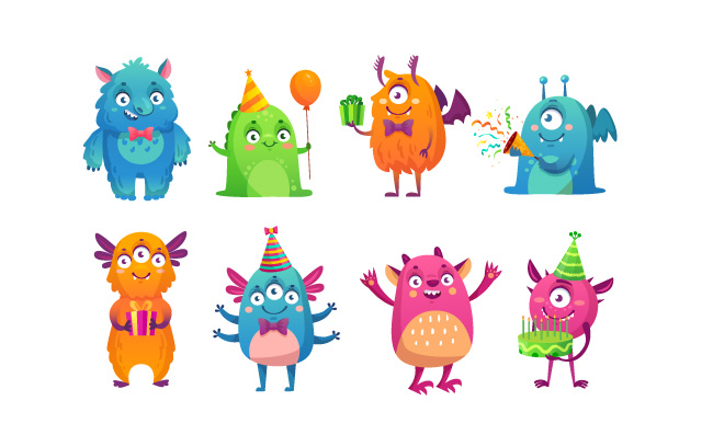 卡通派对怪物可爱的怪物庆祝生日可爱角色怪物怪兽向量集