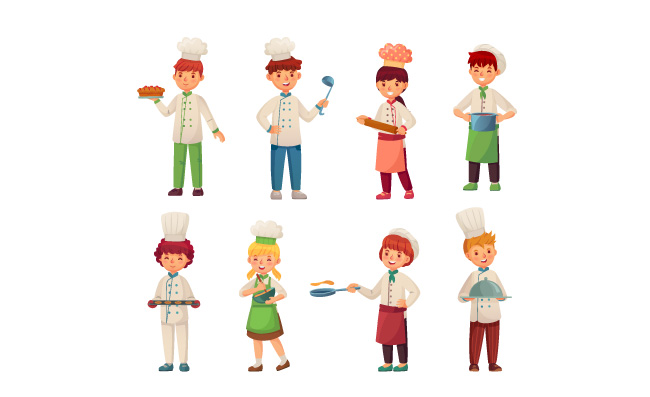 卡通烹饪儿童小厨师面包师专业卡通小厨子做饭矢量插图集