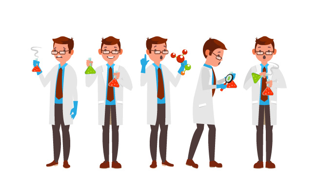 科学家教授化学实验室专家卡通插图矢量现代年轻男性医生人物插图