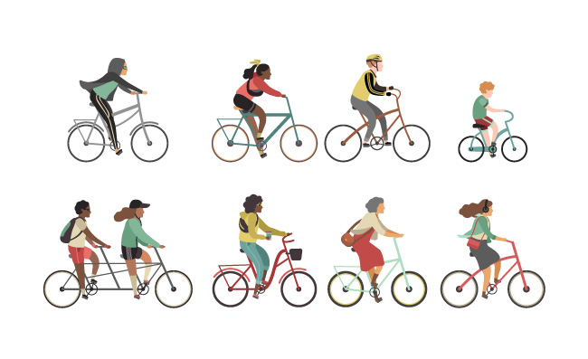 快乐的人骑着自行车儿童女人男人卡通矢量