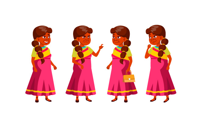 漫画印地安老妇人姿势表情素材