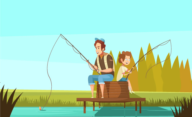 每日好的天气在河边垂钓的父子钓鱼人物素材