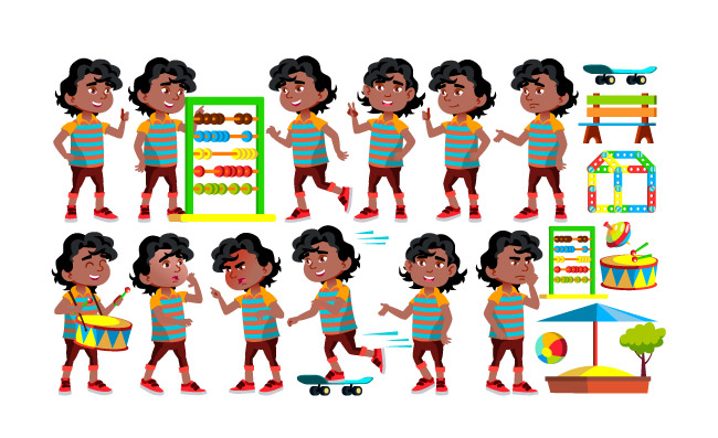 美国黑人男孩幼儿姿势矢量快乐卡通儿童插图