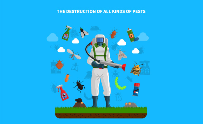 灭虫除虫工作者防护服害虫防治图片矢量插图