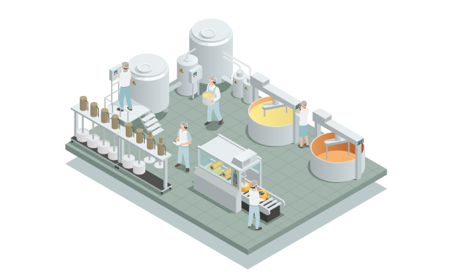 奶酪生产工厂自动化加工生产人员矢量等距组成图片