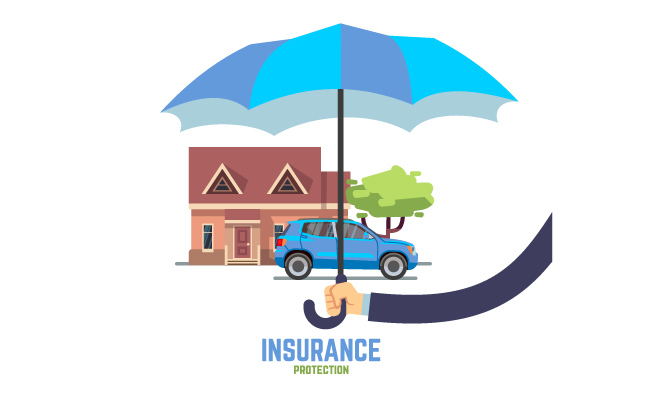 保险服务房子和汽车安全保险房屋保障手拿雨伞矢量