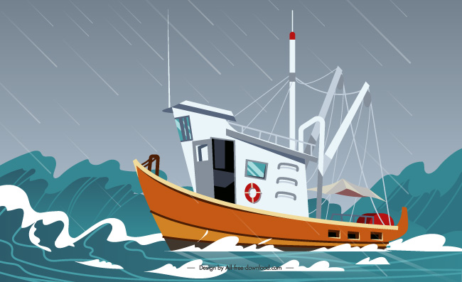 暴风雨中大海上行驶的渔船矢量插图