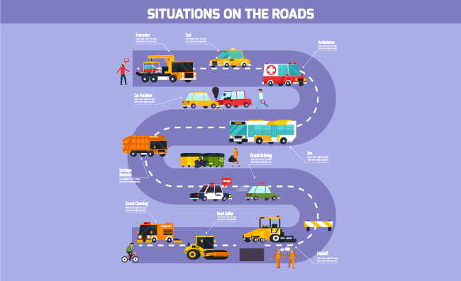 不同情况道路信息车辆矢量图和交通服务运输路线图图片