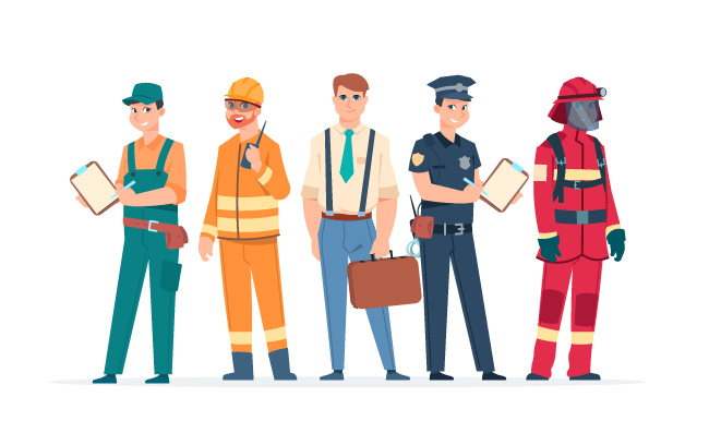 男性不同行业职业卡通工程师警察消防员救援队专家工人矢量人物插图