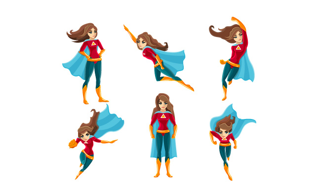 女超人卡通不同姿势矢量图