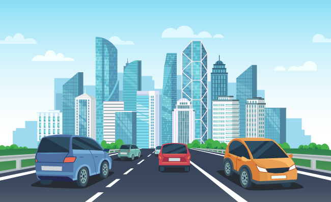城市风景高速公路上的汽车城市道路交通汽车旅行导航现代大厦矢量卡通插画