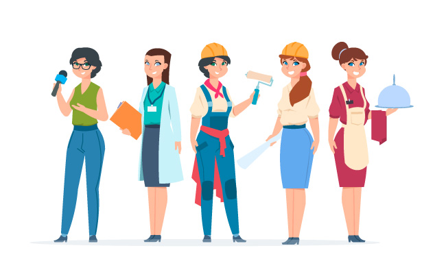 女性不同行业职业卡通工程师服务员医生记者专家工人矢量人物插图