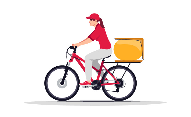 女性自行车传讯者送包裹的工作者骑自行车送快餐送货的妇女漫画人物
