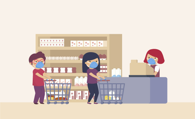 排队付款安全社交距离戴着口罩在超级市场购物的人
