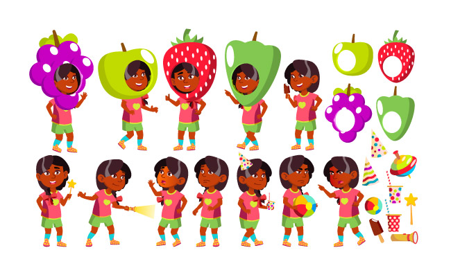 派对服装狂欢节亚洲人小孩子矢量儿童女孩不同造型姿势插图素材矢量
