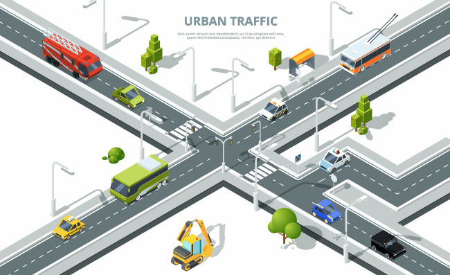 城市十字路口道路交通不同车辆元素立体插图矢量