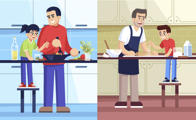 烹饪的父亲和孩子在厨房做美食的父子矢量插图