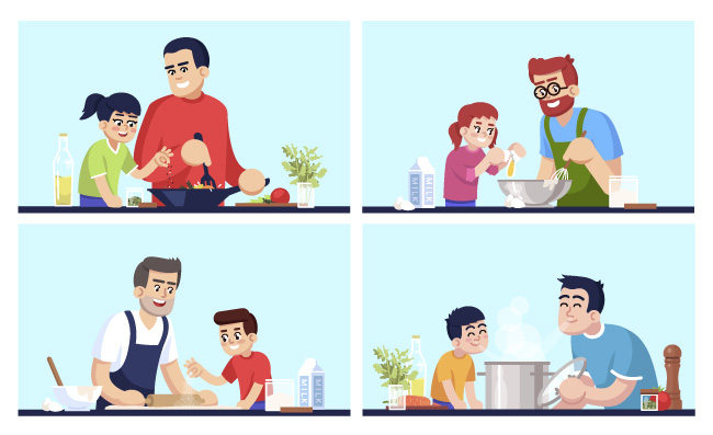烹饪美食的父子矢量插图父亲和孩子爸爸和孩子准备晚餐家庭成员餐具一起制作美食卡通人物