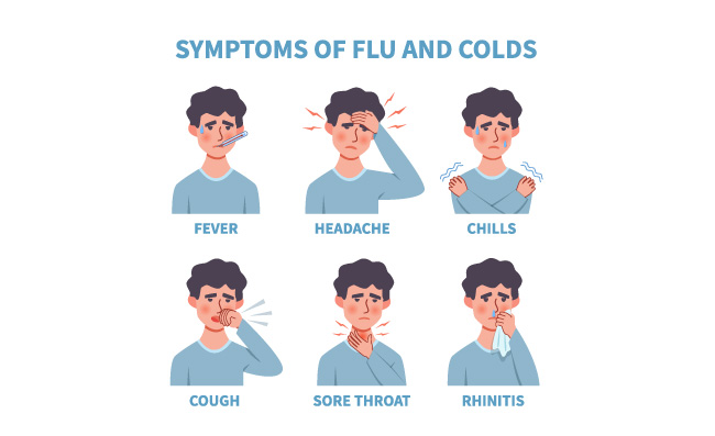 普通感冒和流感症状图表发烧咳嗽喉咙痛鼻涕发冷卫生保健医疗矢量插图