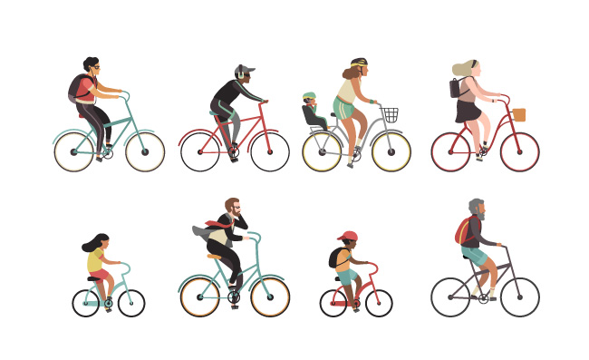 骑自行车儿童女人男人卡通矢量
